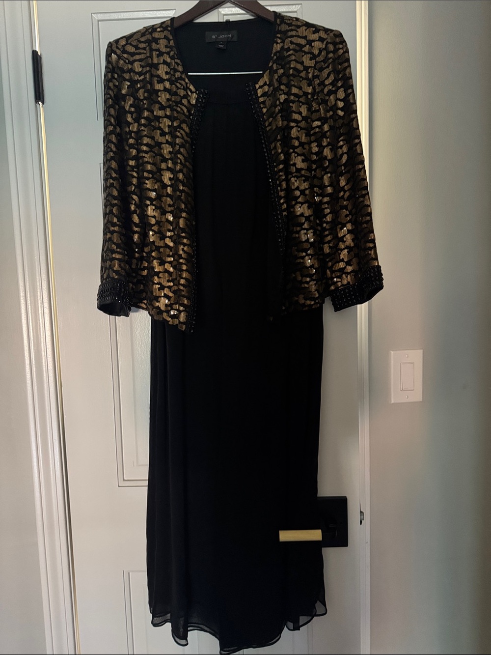 St. John Black and Gold Beaded Cropped Jacket Ensemble